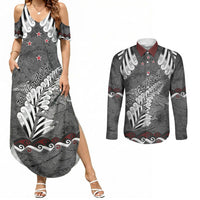 New Zealand Weka Personalised Couples Matching Summer Maxi Dress and Long Sleeve Button Shirt Aotearoa Hen Silver Fern Maori Pattern LT22 Black - Polynesian Pride