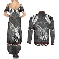 New Zealand Weka Personalised Couples Matching Summer Maxi Dress and Long Sleeve Button Shirt Aotearoa Hen Silver Fern Maori Pattern LT22 - Polynesian Pride