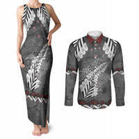 New Zealand Weka Personalised Couples Matching Tank Maxi Dress and Long Sleeve Button Shirt Aotearoa Hen Silver Fern Maori Pattern LT22 Black - Polynesian Pride