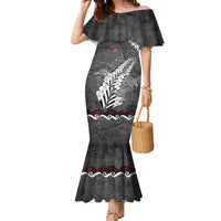 New Zealand Weka Personalised Family Matching Mermaid Dress and Hawaiian Shirt Aotearoa Hen Silver Fern Maori Pattern LT22 Mom's Dress Black - Polynesian Pride