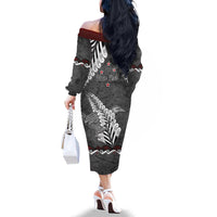 New Zealand Weka Personalised Family Matching Off The Shoulder Long Sleeve Dress and Hawaiian Shirt Aotearoa Hen Silver Fern Maori Pattern LT22 - Polynesian Pride