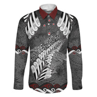 New Zealand Weka Personalised Family Matching Off Shoulder Maxi Dress and Hawaiian Shirt Aotearoa Hen Silver Fern Maori Pattern LT22 Dad's Shirt - Long Sleeve Black - Polynesian Pride