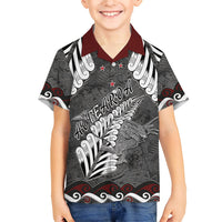 New Zealand Weka Personalised Family Matching Off Shoulder Maxi Dress and Hawaiian Shirt Aotearoa Hen Silver Fern Maori Pattern LT22 Son's Shirt Black - Polynesian Pride