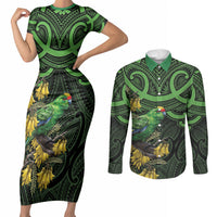 New Zealand Parakeet Bird Couples Matching Short Sleeve Bodycon Dress and Long Sleeve Button Shirt Maori Kakariki Kowhai Maori Pattern LT22 Green - Polynesian Pride