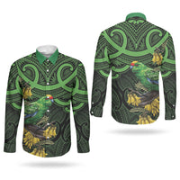 New Zealand Parakeet Bird Couples Matching Short Sleeve Bodycon Dress and Long Sleeve Button Shirt Maori Kakariki Kowhai Maori Pattern LT22 - Polynesian Pride