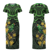 New Zealand Parakeet Bird Couples Matching Short Sleeve Bodycon Dress and Long Sleeve Button Shirt Maori Kakariki Kowhai Maori Pattern LT22 - Polynesian Pride