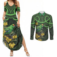New Zealand Parakeet Bird Couples Matching Summer Maxi Dress and Long Sleeve Button Shirt Maori Kakariki Kowhai Maori Pattern