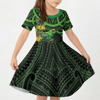 New Zealand Parakeet Bird Kid Short Sleeve Dress Maori Kakariki Kowhai Maori Pattern LT22 KID Green - Polynesian Pride