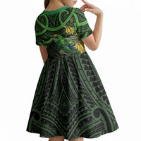 New Zealand Parakeet Bird Kid Short Sleeve Dress Maori Kakariki Kowhai Maori Pattern LT22 - Polynesian Pride