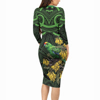 New Zealand Parakeet Bird Long Sleeve Bodycon Dress Maori Kakariki Kowhai Maori Pattern LT22 - Polynesian Pride