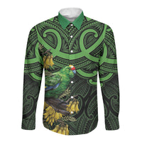 New Zealand Parakeet Bird Long Sleeve Button Shirt Maori Kakariki Kowhai Maori Pattern LT22 Unisex Green - Polynesian Pride