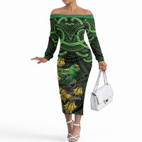 New Zealand Parakeet Bird Off The Shoulder Long Sleeve Dress Maori Kakariki Kowhai Maori Pattern