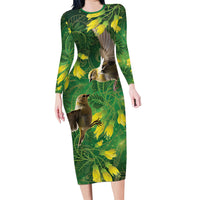 Bellbird New Zealand Personalised Family Matching Long Sleeve Bodycon Dress and Hawaiian Shirt Kowhai Flower Maori Pattern LT22 Mom's Dress Green - Polynesian Pride