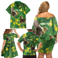 Bellbird New Zealand Personalised Family Matching Off Shoulder Short Dress and Hawaiian Shirt Kowhai Flower Maori Pattern LT22 - Polynesian Pride