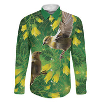 Bellbird New Zealand Personalised Family Matching Puletasi and Hawaiian Shirt Kowhai Flower Maori Pattern LT22 Dad's Shirt - Long Sleeve Green - Polynesian Pride
