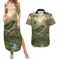 Bellbird New Zealand Personalised Couples Matching Summer Maxi Dress and Hawaiian Shirt Korimako Harakeke Flower Native Forest LT22 Green - Polynesian Pride