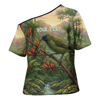 Bellbird New Zealand Personalised Cross Shoulder Shirt Korimako Harakeke Flower Native Forest