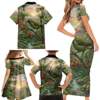 Bellbird New Zealand Personalised Family Matching Short Sleeve Bodycon Dress and Hawaiian Shirt Korimako Harakeke Flower Native Forest LT22 - Polynesian Pride