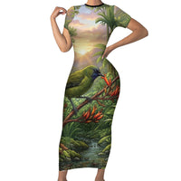 Bellbird New Zealand Personalised Family Matching Short Sleeve Bodycon Dress and Hawaiian Shirt Korimako Harakeke Flower Native Forest LT22 Mom's Dress Green - Polynesian Pride