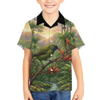 Bellbird New Zealand Personalised Kid Hawaiian Shirt Korimako Harakeke Flower Native Forest