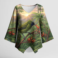Bellbird New Zealand Personalised Kimono Sleeve Blouse Korimako Harakeke Flower Native Forest