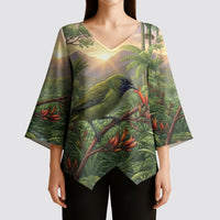 Bellbird New Zealand Personalised Kimono Sleeve Blouse Korimako Harakeke Flower Native Forest