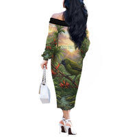 Bellbird New Zealand Personalised Off The Shoulder Long Sleeve Dress Korimako Harakeke Flower Native Forest