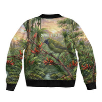 Bellbird New Zealand Personalised Sleeve Zip Bomber Jacket Korimako Harakeke Flower Native Forest