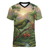 Bellbird New Zealand Personalised Women V-Neck T-Shirt Korimako Harakeke Flower Native Forest