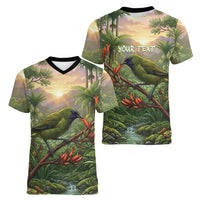 Bellbird New Zealand Personalised Women V-Neck T-Shirt Korimako Harakeke Flower Native Forest