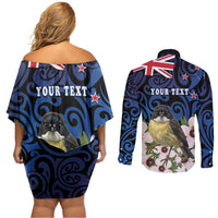 Tomtit New Zealand Personalised Couples Matching Off Shoulder Short Dress and Long Sleeve Button Shirt Miromiro Manuka Flower Maori Pattern