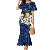 Tomtit New Zealand Personalised Family Matching Mermaid Dress and Hawaiian Shirt Miromiro Manuka Flower Maori Pattern LT22 Mom's Dress Blue - Polynesian Pride