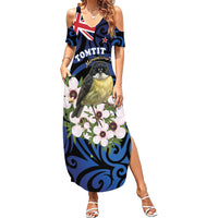 Tomtit New Zealand Personalised Family Matching Summer Maxi Dress and Hawaiian Shirt Miromiro Manuka Flower Maori Pattern LT22 Mom's Dress Blue - Polynesian Pride