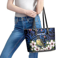 Tomtit New Zealand Personalised Leather Tote Bag Miromiro Manuka Flower Maori Pattern