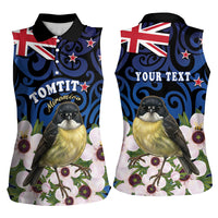 Tomtit New Zealand Personalised Women Sleeveless Polo Shirt Miromiro Manuka Flower Maori Pattern LT22 - Polynesian Pride