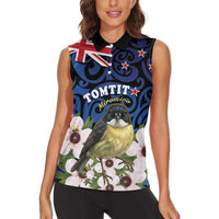 Tomtit New Zealand Personalised Women Sleeveless Polo Shirt Miromiro Manuka Flower Maori Pattern LT22 - Polynesian Pride