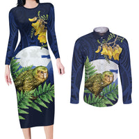 Kakapo New Zealand Personalised Couples Matching Long Sleeve Bodycon Dress and Long Sleeve Button Shirt Kowhai Flower Silver Fern Maori Pattern LT22 Blue - Polynesian Pride