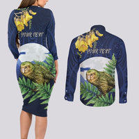 Kakapo New Zealand Personalised Couples Matching Long Sleeve Bodycon Dress and Long Sleeve Button Shirt Kowhai Flower Silver Fern Maori Pattern LT22 - Polynesian Pride