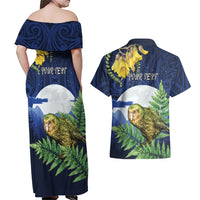 Kakapo New Zealand Personalised Couples Matching Off Shoulder Maxi Dress and Hawaiian Shirt Kowhai Flower Silver Fern Maori Pattern LT22 - Polynesian Pride
