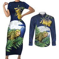 Kakapo New Zealand Personalised Couples Matching Short Sleeve Bodycon Dress and Long Sleeve Button Shirt Kowhai Flower Silver Fern Maori Pattern LT22 Blue - Polynesian Pride