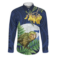 Kakapo New Zealand Personalised Family Matching Short Sleeve Bodycon Dress and Hawaiian Shirt Kowhai Flower Silver Fern Maori Pattern LT22 Dad's Shirt - Long Sleeve Blue - Polynesian Pride