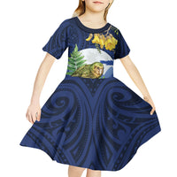 Kakapo New Zealand Personalised Kid Short Sleeve Dress Kowhai Flower Silver Fern Maori Pattern