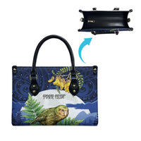 Kakapo New Zealand Personalised Leather Bag Kowhai Flower Silver Fern Maori Pattern