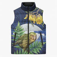 Kakapo New Zealand Personalised Sleeveless Puffer Jacket Kowhai Flower Silver Fern Maori Pattern