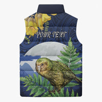 Kakapo New Zealand Personalised Sleeveless Puffer Jacket Kowhai Flower Silver Fern Maori Pattern