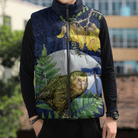 Kakapo New Zealand Personalised Sleeveless Puffer Jacket Kowhai Flower Silver Fern Maori Pattern