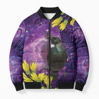 New Zealand Tui Bird Matariki Bomber Puffer Jacket Kowhai Flower Silver Fern Galaxy Maori Pattern