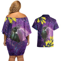 New Zealand Tui Bird Matariki Couples Matching Off Shoulder Short Dress and Hawaiian Shirt Kowhai Flower Silver Fern Galaxy Maori Pattern LT22 - Polynesian Pride