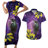 New Zealand Tui Bird Matariki Couples Matching Short Sleeve Bodycon Dress and Hawaiian Shirt Kowhai Flower Silver Fern Galaxy Maori Pattern LT22 Purple - Polynesian Pride