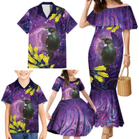 New Zealand Tui Bird Matariki Family Matching Mermaid Dress and Hawaiian Shirt Kowhai Flower Silver Fern Galaxy Maori Pattern LT22 - Polynesian Pride
